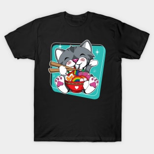 Cat Eating Ramen Pride Flag T-Shirt